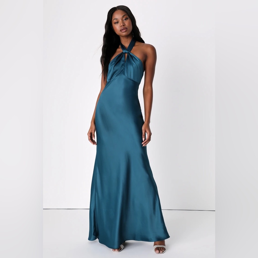 Regal Arrival Dark Teal Blue Satin Halter Mermaid Maxi Dress